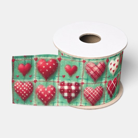 Kerst Gewatteerde Harten Groen Rood Wit  Grosgrain Lint (Spoel)