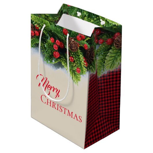 Kerst Gift Bag-Evergreen Vrolijk Kerstfeest Plaid Medium Cadeauzakje (Achterkant Gekanteld)
