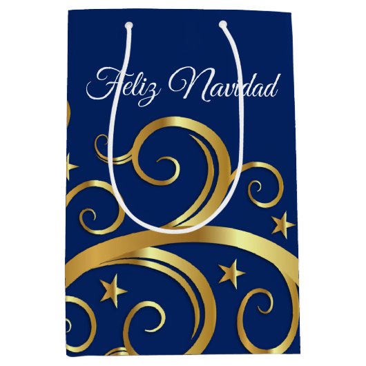 Kerst Gift Bag Majestic Swirls Feliz Navidad Medium Cadeauzakje (Voorkant)