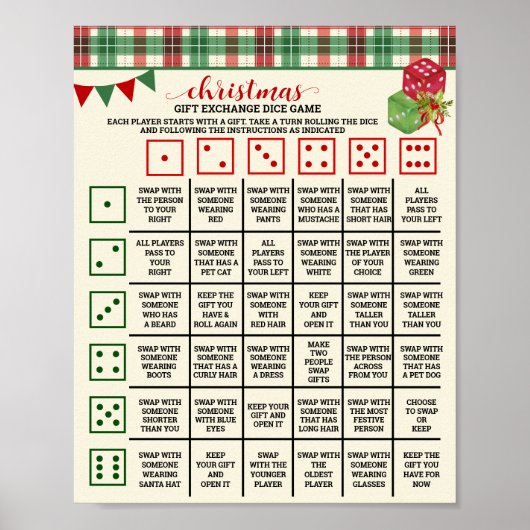Kerst Gift Exchange Roll Dice Game Geplaatst Teken Poster (Voorkant)