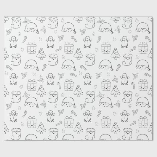 Kerst Giftwrap Schattige Kawaii Doodle Zwart Wit Cadeaupapier (Vlak)