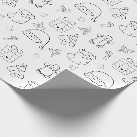Kerst Giftwrap Schattige Kawaii Doodle Zwart Wit Cadeaupapier (Hoek)