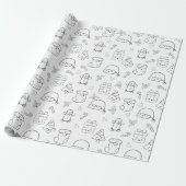 Kerst Giftwrap Schattige Kawaii Doodle Zwart Wit Cadeaupapier (Uitgerold)