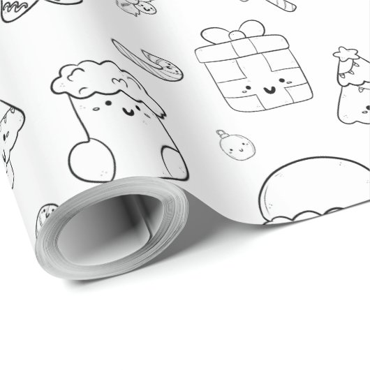 Kerst Giftwrap Schattige Kawaii Doodle Zwart Wit Cadeaupapier (Rol Hoek)