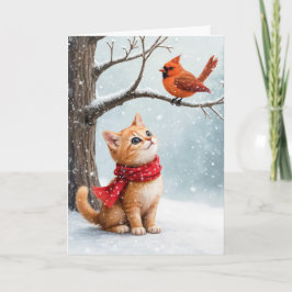 Kerst Ginger Kat Kijken naar een Kardinaal Kaart