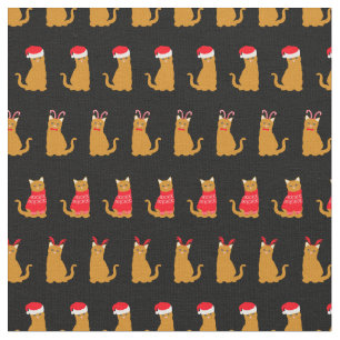 Kerst Ginger Kat Santa hoeden Patroon op Zwart Stof