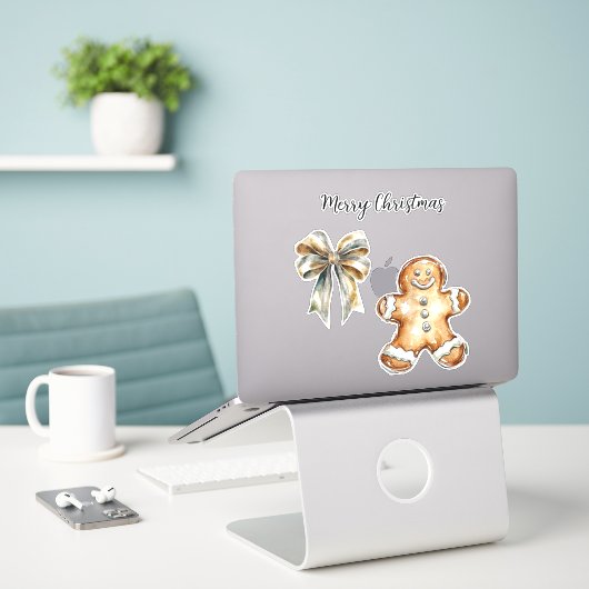 Kerst Gingerbread Cookie Green Gold Bow Sticker (Laptop op bureau)