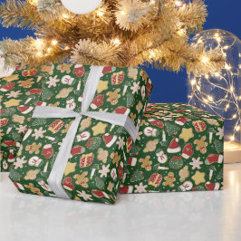 Kerst Gingerbread Cookie Pattern op Donkergroen Cadeaupapier