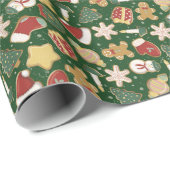 Kerst Gingerbread Cookie Pattern op Donkergroen Cadeaupapier (Rol Hoek)