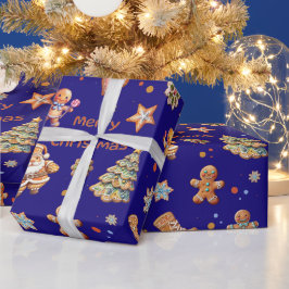 Kerst Gingerbread Fun Schattige Navy Cadeaupapier