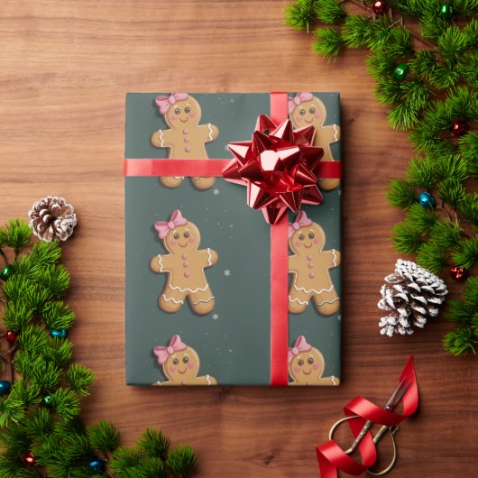 Kerst Gingerbread Girl Roze Bow Coquette Cadeaupapier (Feestdagen Geschenken)