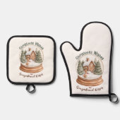 Kerst Gingerbread House Holiday Snow Wereldbol Ovenwant & Pannenlap Set (Voorkant)