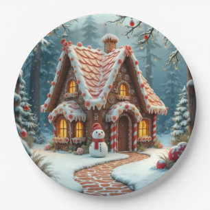 Kerst gingerbread huisje met een sneeuwman papieren bordje
