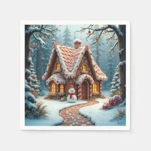 Kerst gingerbread huisje met een sneeuwman  servet