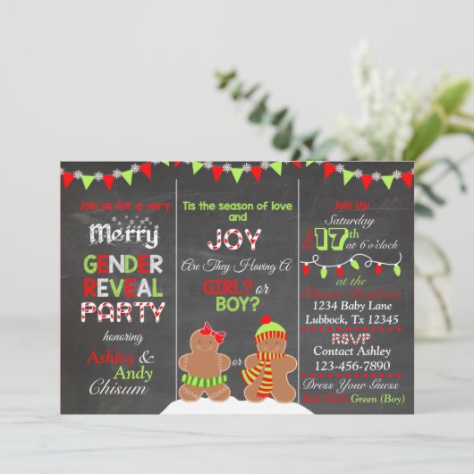 Kerst Gingerbread Man Gender Reveal Uitnodiging (Staand voorkant)