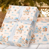Kerst Gingerbread Man Jongen Blauw Beige Naam Teks Cadeaupapier