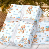 Kerst Gingerbread Man Jongen Blauw Naam Tekst Cadeaupapier