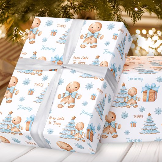 Kerst Gingerbread Man Jongen Naam Tekst Cadeaupapier