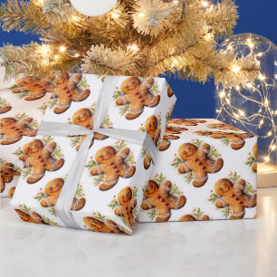 Kerst Gingerbread Man met Holly Cadeaupapier