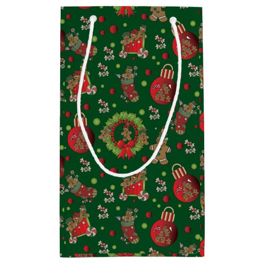 Kerst Gingerbread Mannen op Donkergroene Achtergro Klein Cadeauzakje (Achterkant)