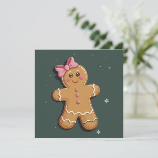 Kerst Gingerbread Meisje Roze Strik Coquette  Feestdagenkaart (Staand voorkant)