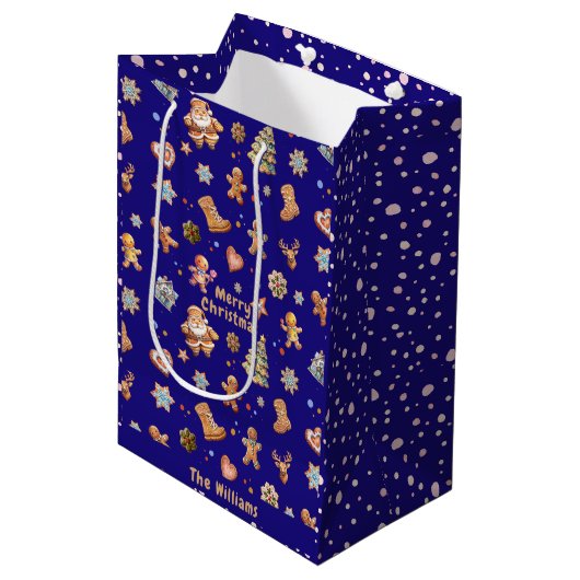 Kerst Gingerbread Naam Leuk Schattige Navy Medium Cadeauzakje (Voorkant Gekanteld)