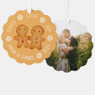 Kerst Gingerbread Paar Foto Sneeuwvlokken Schattig Ornament Kaart