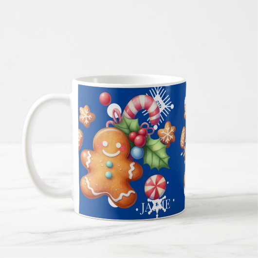 Kerst Gingerbread Pepermunt Blau Naam Sneeuw Koffiemok (Links)