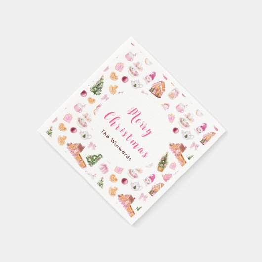 Kerst Gingerbread Roze Vrolijk Kerstfeest Servet (Hoek)