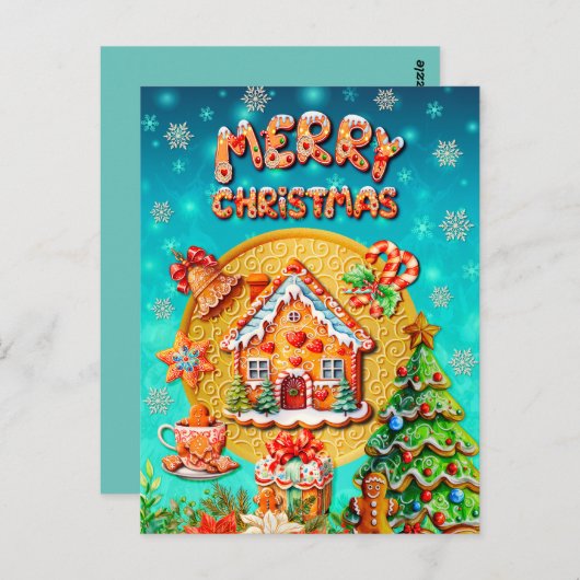 Kerst Gingerbread Snoep Huis, en Nieuwjaar Briefkaart (Voorkant / Achterkant)