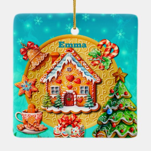Kerst Gingerbread Snoep Huis, en Nieuwjaar Keramisch Ornament (Achterkant)