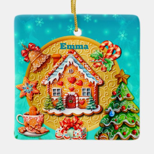 Kerst Gingerbread Snoep Huis, en Nieuwjaar Keramisch Ornament (Voorkant)