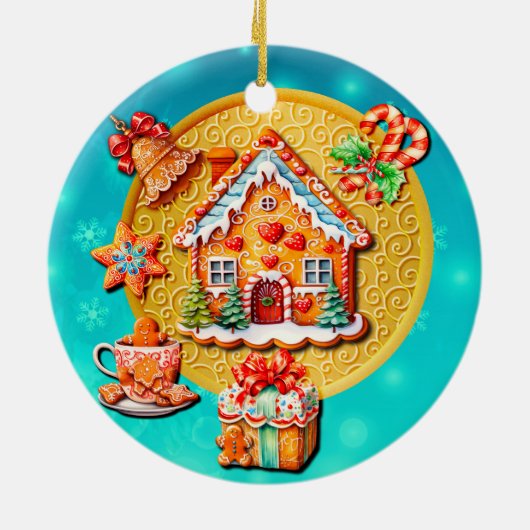 Kerst Gingerbread Snoep Huis, en Nieuwjaar Keramisch Ornament (Achterkant)