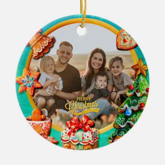 Kerst Gingerbread Snoep Huis, en Nieuwjaar Keramisch Ornament (Voorkant)