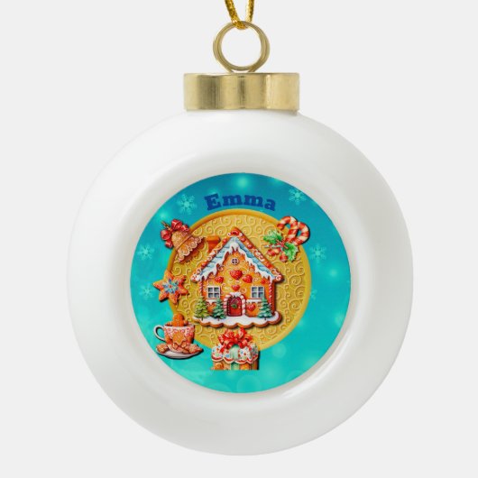 Kerst Gingerbread Snoep Huis, en Nieuwjaar Keramische Bal Ornament (Voorkant)