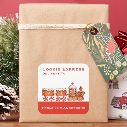 Kerst Gingerbread Train Cookie Express Vierkante Sticker (Feestdagen)