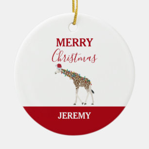 Kerst Giraffe Funny Animal met Santa Hat Kaart Keramisch Ornament