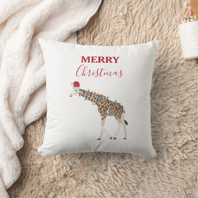 Kerst Giraffe Funny Animal met Santa Hat Kaart Kussen (Deken)