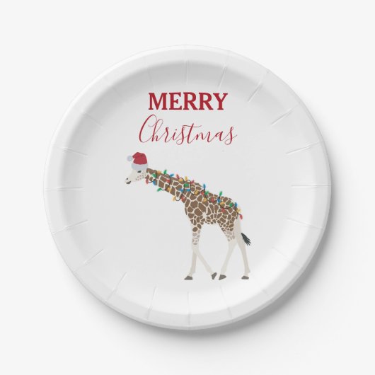 Kerst Giraffe Funny Animal met Santa Hat Kaart Papieren Bordje (Voorkant)