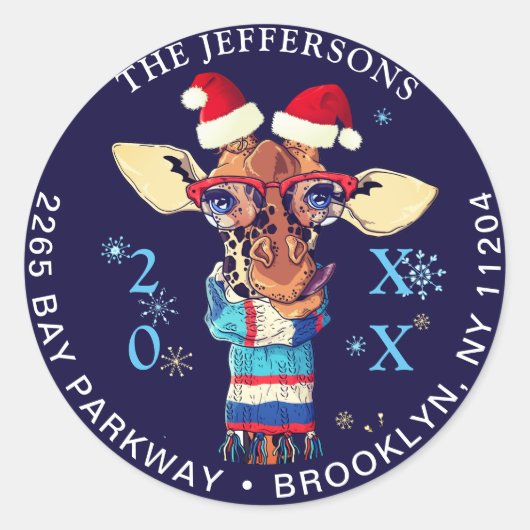 Kerst Giraffe Pet & Sjaal retour adreslabel Ronde Sticker (Voorkant)