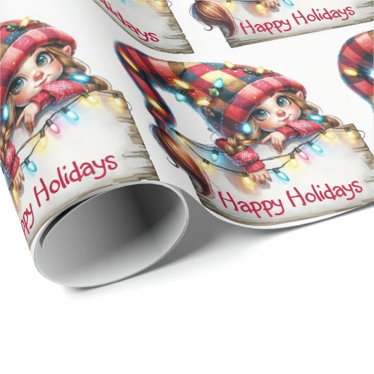 Kerst Girly Gnome met Plaid Pet Cadeaupapier (Rol Hoek)