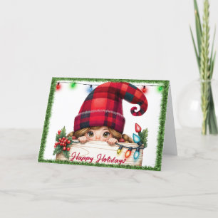 Kerst Girly Gnome met Plaid Pet Feestdagen Kaart