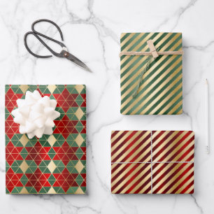 Kerst Glamour Rood Groen Goud Geometrische Strepen Inpakpapier Vel