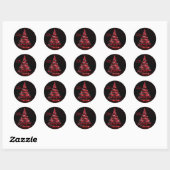 Kerst glanzend rood lint boom glans zwart ronde sticker (Vel)