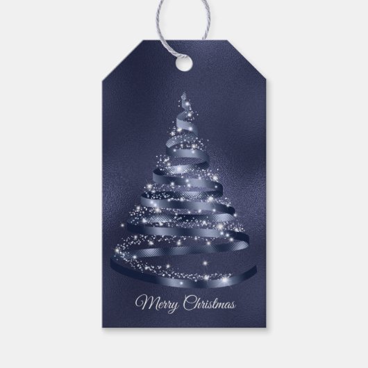 Kerst Glanzende Blauwe Ribbon Tree Sparkle Cadeaulabel (Voorkant)