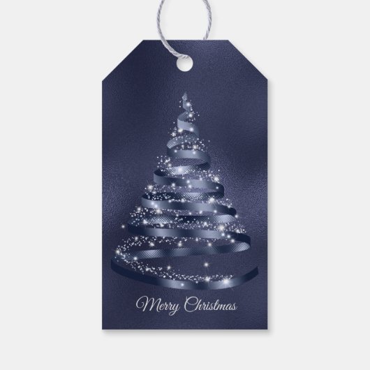 Kerst Glanzende Blauwe Ribbon Tree Sparkle Cadeaulabel (Achterkant)