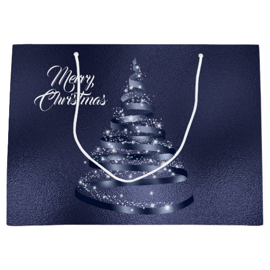 Kerst Glanzende Blauwe Ribbon Tree Sparkle Groot Cadeauzakje (Voorkant)
