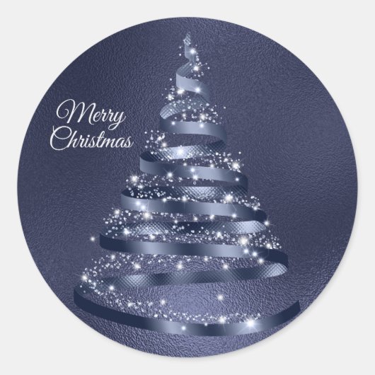 Kerst Glanzende Blauwe Ribbon Tree Sparkle Ronde Sticker (Voorkant)