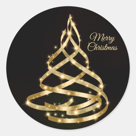 Kerst Glanzende Gouden Lint Boom Sparkle Zwart Ronde Sticker (Voorkant)