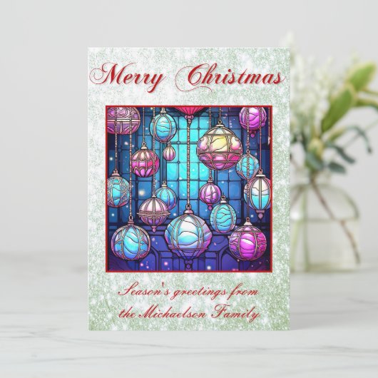 Kerst Glas in lood Baubles Groene Glitter Feestdagenkaart (Staand voorkant)